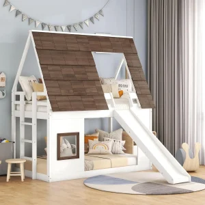 Twin Over Twin House Bunk Bed Frame with Roof for Boys Girls